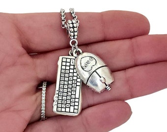 Tech Computer Mouse and Keyboard Charm Necklace Keychain Jewelry gift for Men Women him her