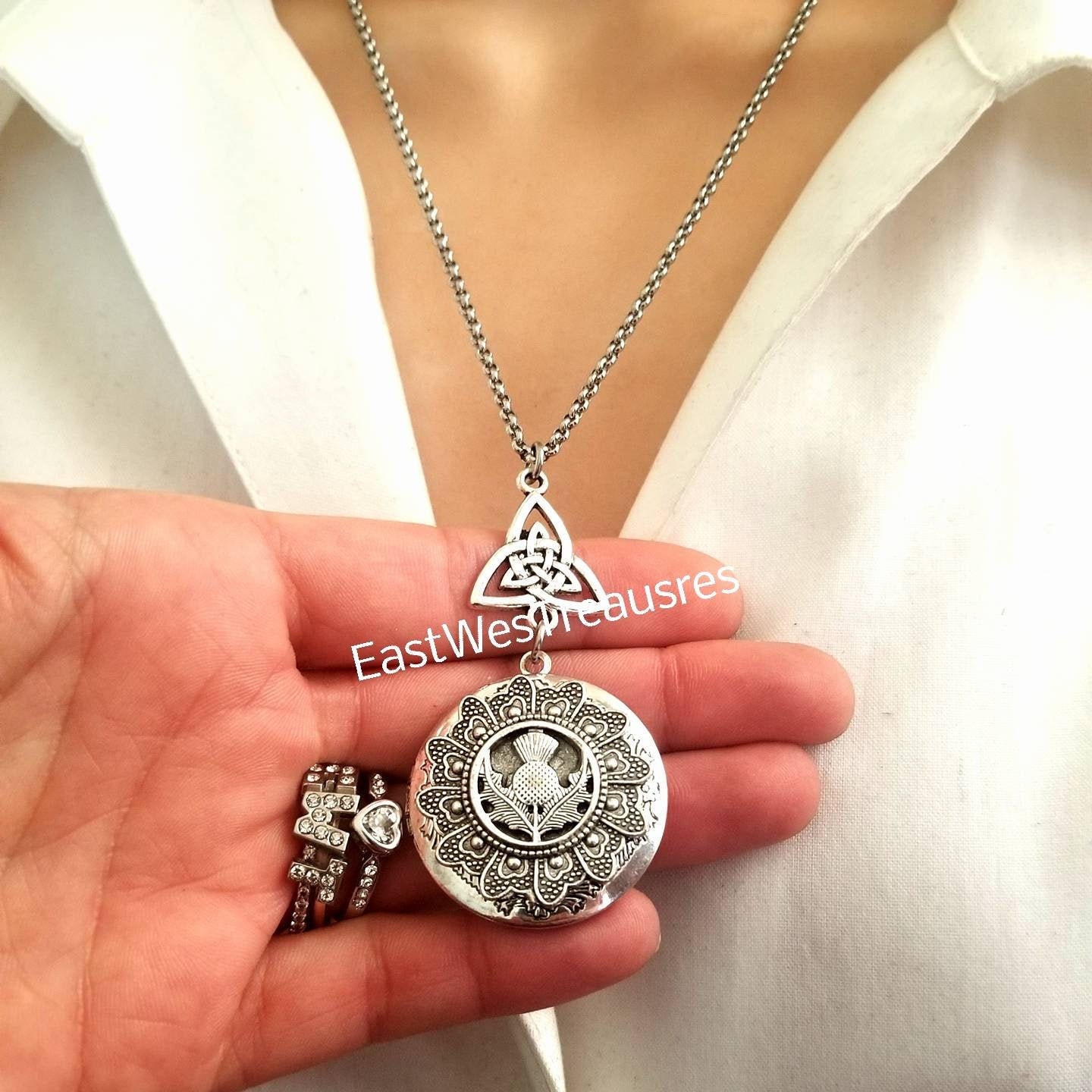 Scottish Thistle Silver Locket Pendant Necklace, Custom Thistle Locket, Personalized with Picture, for Women