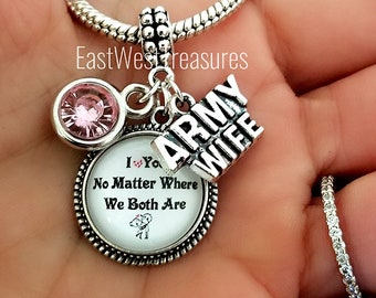 Army Veteran Wife Gift, Charm bracelet Necklace Keychain, Deployment Departure Birthday gift for Army wife
