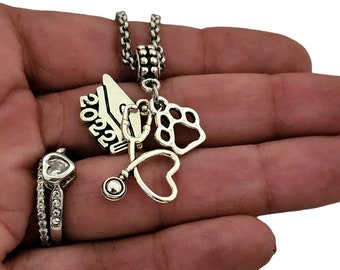 Vet School Veterinary Graduation 2024 2025 Gift Charm Bracelet Necklace for Women Veterinarian Vet Tech