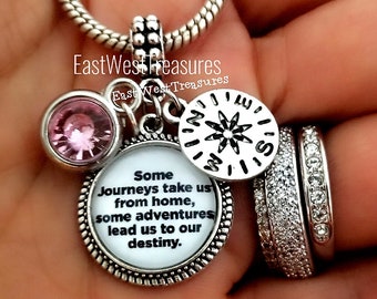 Custom Compass Journey Charm Bracelet Necklace Keychain, Enjoy the Journey Gift with Birthstone