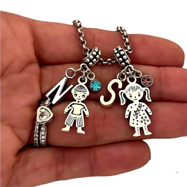 Children Grandchildren Boy and Girl Charm Bracelet Necklace  Personalized with Birthstone, with 1 2 3 4 5 6 7 8 Kids Boy Girl