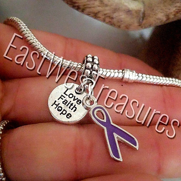 Purple ribbon Charm Bracelet Necklace Keychain, Pancreatic Cancer, Crohn's, Cystic Fibrosis, Sarcoid, Thyroid, Alzheimer's, Lupus charm