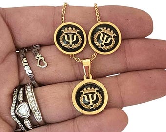 Psi Stud Gold 14k Earrings and Charm Necklace, gift for Psychologist Psychiatrist Psych Women