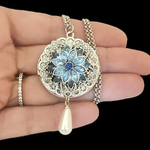Silver Sapphire Blue Dahlia photo Locket Necklace personalized with Picture or message