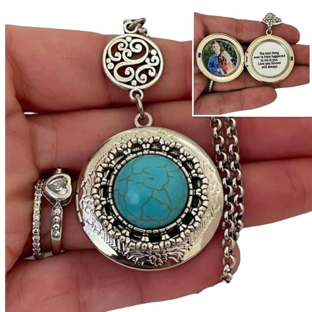 Turquoise Locket Necklace Turquoise Silver Photo Locket Necklace