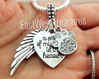Pet memorial Charm Bracelet Necklace Keychain with Cat Dog Paw print on Heart, pet remembrance