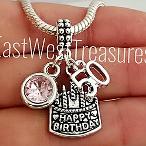 Happy 30th 40th 50th 60th 70th 80th 100th Birthstone charm bracelet Necklace Keychain for Pandora