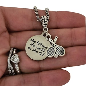 Girls Tennis Tennis Racket CharmbBracelet Necklace Keychain with She believed