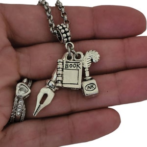 Book Pen Ink Gift Charm for Writer Author Writer Charm Bracelet Necklace for Women fits Pandora