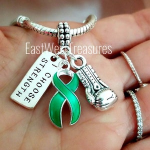 Green awareness Ribbon Charm Bracelet Necklace Keychain for Liver Kidney Cancer, Lymphoma, Depression, Anxiety, Cerebral Palsy awareness