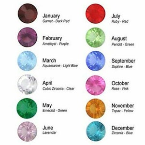 May include: A guide to birthstones, each colour-coded for a specific month. January is Garnet (Dark Red), February is Amethyst (Purple), March is Aquamarine (Light Blue), April is Cubic Zirconia (Clear), May is Emerald (Green), June is Lavender, July is Ruby (Red), August is Peridot (Green), September is Sapphire (Blue), October is Rose (Pink), November is Topaz (Yellow), and December is Zirconia (Blue).