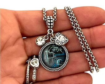 Computer Chip Circuit Board IT Tech Charm Bracelet Necklace Keychain for Women Girls Computer Science Programmer gift