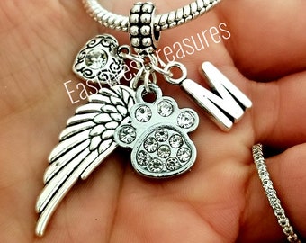 Pet Loss Memorial with Paw Print Angel Wing Charm Bracelet Necklace Keychain Personalized