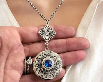 Collar con medallón de foto de zafiro azul cristal personalizado con mensaje de imagen para mujer