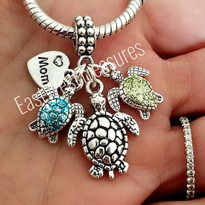 Mother&#39;s Day Gift Mom and Baby Sea Turtle Birthstone Necklace, Personalized with 1 2 3 4 5 6 7 8 9 10 Turtle Kids Children Birthstone Charm