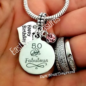 Turning 50 50th Birthday gift Charm Bracelet Necklace Keychain for women Personalized with Birthstone