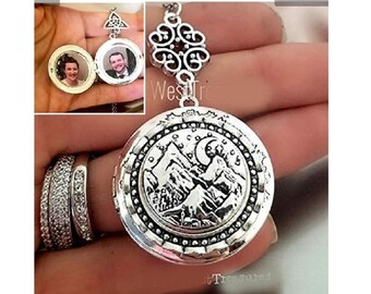 Mountain 2 Photo Locket Necklace with for Picture, Forest Stars Moon Locket, Photo Locket Necklace, Mountain Trees Necklace, Wedding,