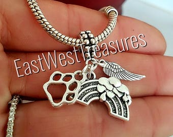 Rainbow Bridge Pet Memorial Loss Dog Cat Paw Print Charm bracelet Necklace with Angel
