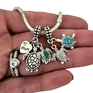 Mother mom and Baby Sea Turtle Charm Bracelet Necklace Personalized with 1 2 3 4 5 6 7 Kids Children Babies Birthstone