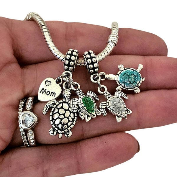 Mother mom and Baby Sea Turtle Charm Bracelet Necklace Personalized with 1 2 3 4 5 6 7 Kids Children Babies Birthstone