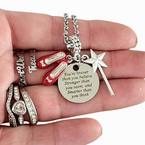 Be Brave Ruby red slippers Quote Charm Bracelet Necklace Key Purse chain Keychain Jewelry