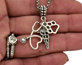 Veterinary caduceus  Gift for  Veterinarian Technician Vet tech Charm Bracelet Necklace Jewelry gift for Women