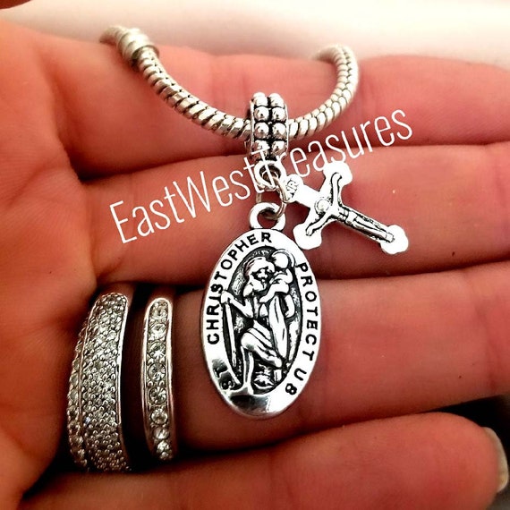 Religious Faith Cross Saint St Christopher Charm Bracelet Necklace