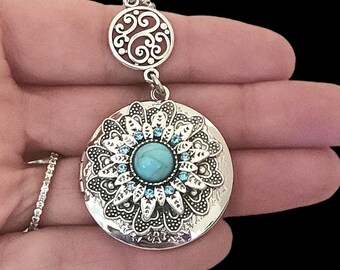 Women Turquoise Dahlia Flower Photo Locket Necklace Personalized with Picture photo