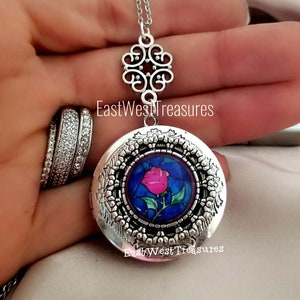 Enchanted Rose Flower Photo Locket Necklace Personalized with Custom Picture Message for Girls Women