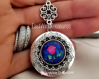 Enchanted Rose Flower Photo Locket Necklace Personalized with Custom Picture Message for Girls Women