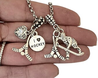 Silver Hockey Stick Player Charm Necklace Key Purse Bag Chain Keychain for him Her