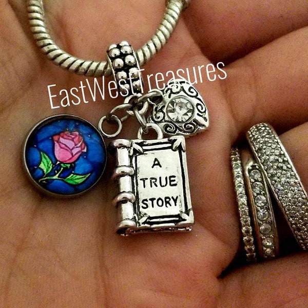 Inspired Enchanted Rose Gift Charm Bracelet Necklace Keychain for Girls Women