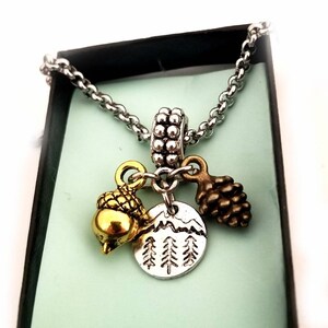 May include: A silver chain necklace with a silver charm featuring a mountain scene with three pine trees, a gold acorn charm, and a bronze pine cone charm.