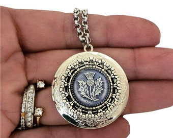 Silver Scottish Thistle Photo locket necklace Personalized with Photo or Message for Men Women