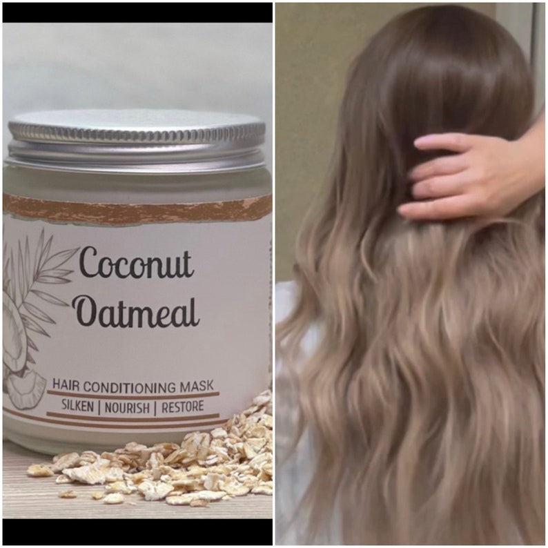 May include: A jar of Coconut Oatmeal hair conditioning mask with a silver lid and a label featuring text and botanical illustrations. The image also shows wavy, light brown hair.