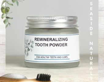 Remineralizing Tooth Powder in glass jar, vegan natural toothpaste