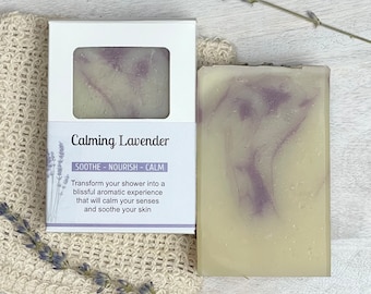 Calming Lavender Soap infused with soothing aloe vera, scented with organic essential oils, zero waste organic soap bar