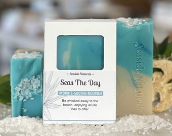 Seas The Day Soap infused with organic aloe vera and shea butter, all natural soap, sea salt mineral bar, beach soap