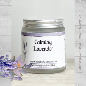 Calming Lavender body moisturizer infused with botanicals, soothing and hydrating dry skin, vegan organic body butter