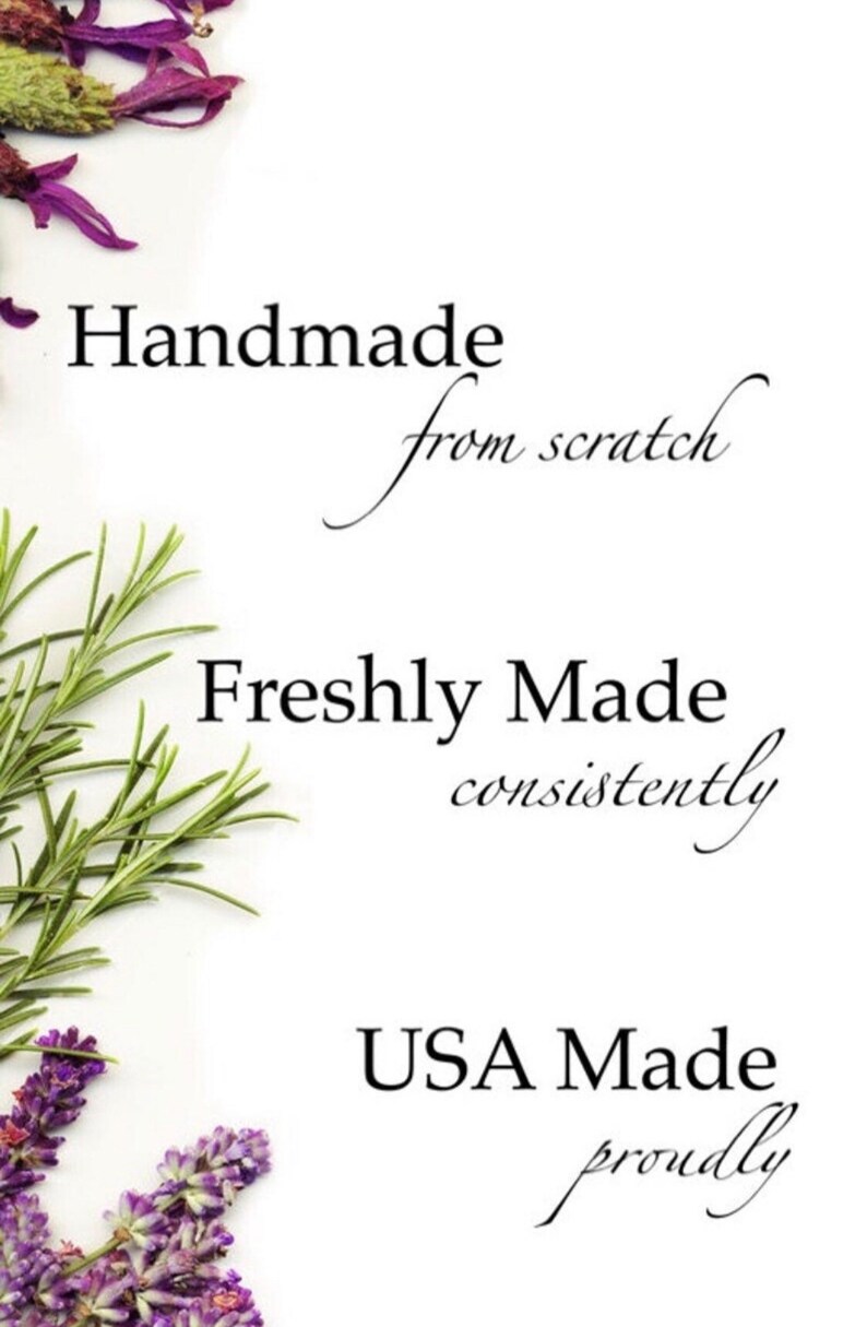 May include: A white background with purple flowers and green rosemary sprigs. The text "Handmade from scratch", "Freshly Made consistently", and "USA Made proudly" is written in black.