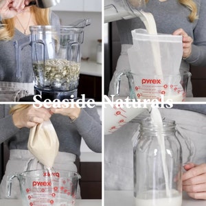 May include: A four-panel image showing the process of making a beverage. The first panel shows ingredients being added to a blender. The second panel shows the beverage being poured through a strainer. The third panel shows the beverage being squeezed from the strainer. The fourth panel shows the beverage being poured into a glass jar. The text "Seaside Naturals" is in the center.