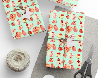 Strawberry Dessert Wrapping Paper | Pastel Bakery Gift Wrap for Birthdays