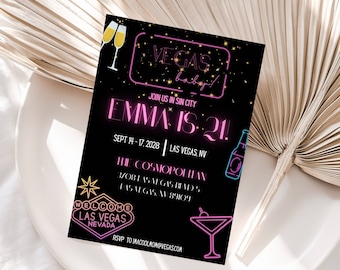 May include: A black invitation card with neon pink and yellow text. The text reads "Vegas baby!" and "Emma is 21." The invitation is for a party at The Cosmopolitan in Las Vegas, Nevada on September 17-19, 2018. The card features neon signs with images of a martini glass, champagne flutes, and a beer bottle.