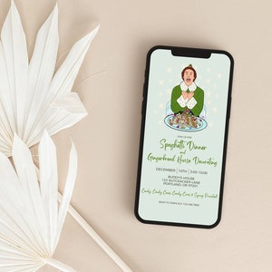 May include: A smartphone displays a festive invitation for a Spaghetti Dinner and Gingerbread House Decorating event. The design features an illustration of a character from the movie Elf, along with event details and a phone number.