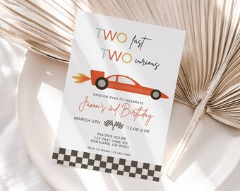 May include: A red and white birthday invitation with a red race car and the text "TWO fast TWO curious" and "Javan's 2nd Birthday". The invitation includes the date, time, and address for the party.