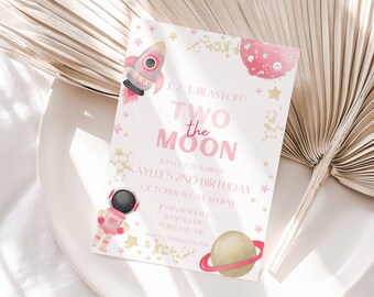 Two the Moon Birthday Invitation: Pink Watercolor Space Theme (Digital Download)