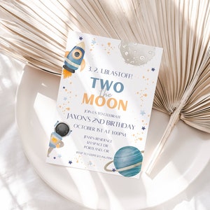 Two the Moon Birthday Party Invitation, 2nd Birthday Party Invite, Outerspace Invitation, Astronaut Invite, Blast Off, Instant Download