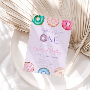Editable Donut Birthday Invitation, She&#39;s A Sweet One Birthday Party, Sweet Treat Donut Invite, 1st Birthday, Instant Download