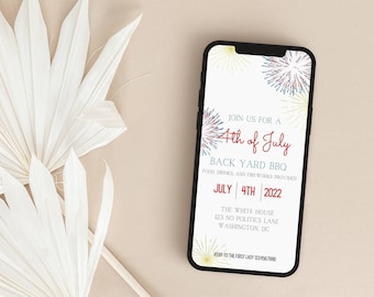 4. Juli Mobile Einladung, Feuerwerk in Rot, Weiss & Blau (Digitaler Download)